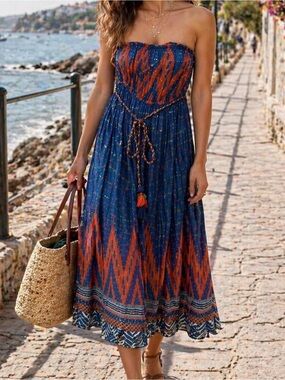 NWT Anthropology Strapless Blue/Rust Printed Maxi Dress w/Braided Belt Size 4